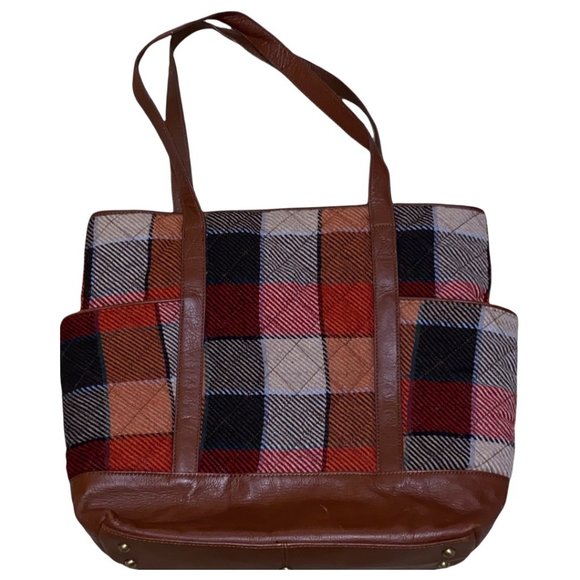 Vera Bradley Canyon Plaid Large Leather Trim Tote Bag w/ Keys Interior Print - Picture 3 of 11